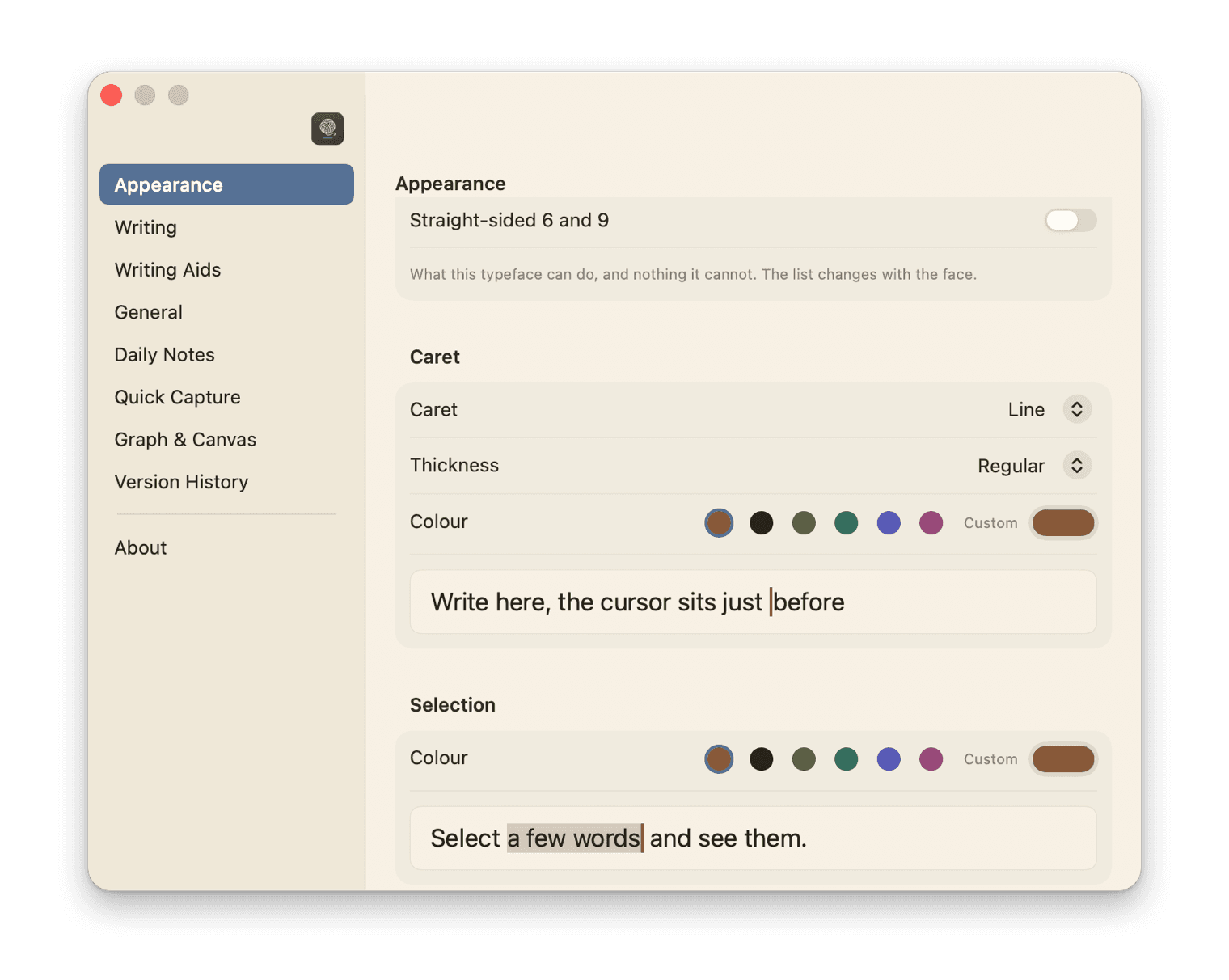 Skein's Settings on the Appearance tab, scrolled to Caret and Selection: caret shape and thickness, a row of six colour swatches and a custom colour well, a line of text with the caret in the chosen colour, and below it a phrase selected in the selection colour