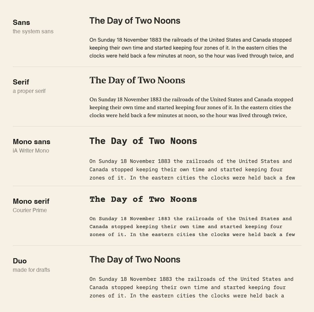 The same chapter heading and opening lines set in each of Skein's five faces, one under the other: Sans, Serif, Mono sans, Mono serif and Duo