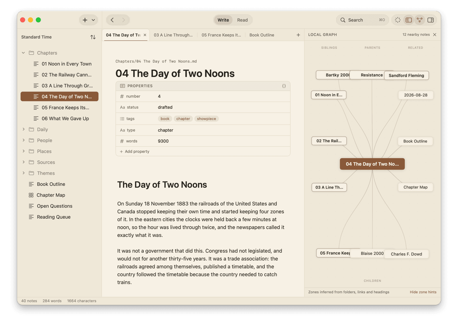 A chapter open in Skein with the local graph beside it: twelve nearby notes arranged around the chapter as siblings, parents, related notes and children