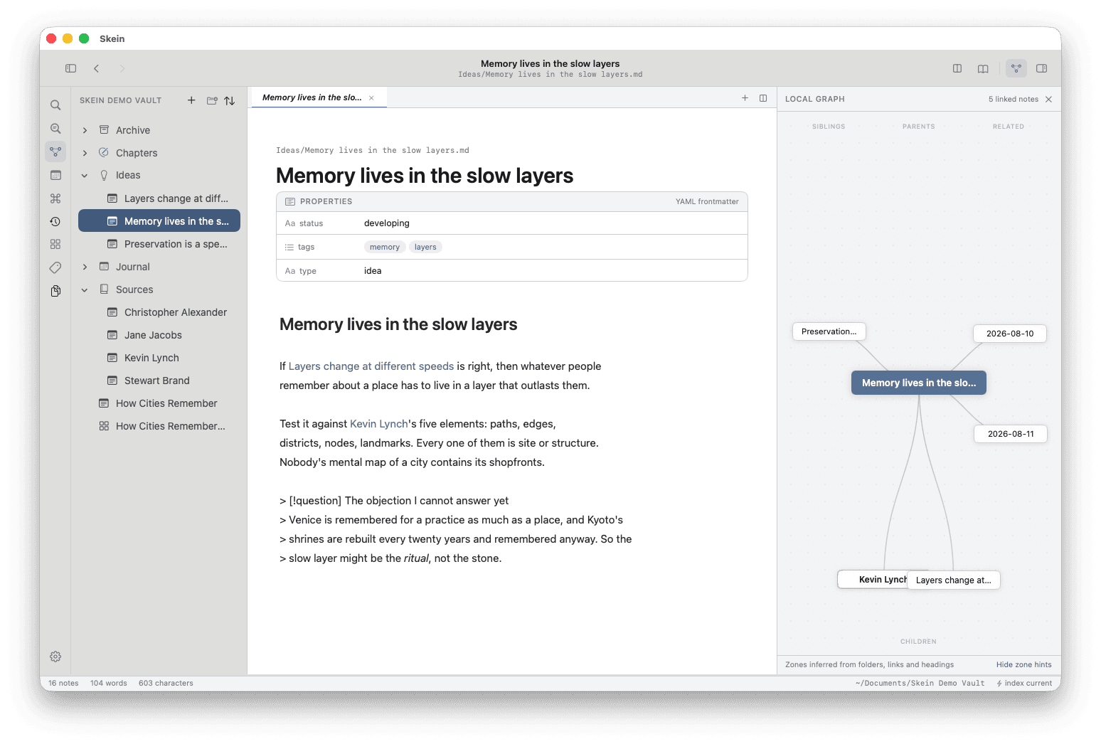 A note with its YAML properties shown as a table, and the local graph panel listing its five linked notes