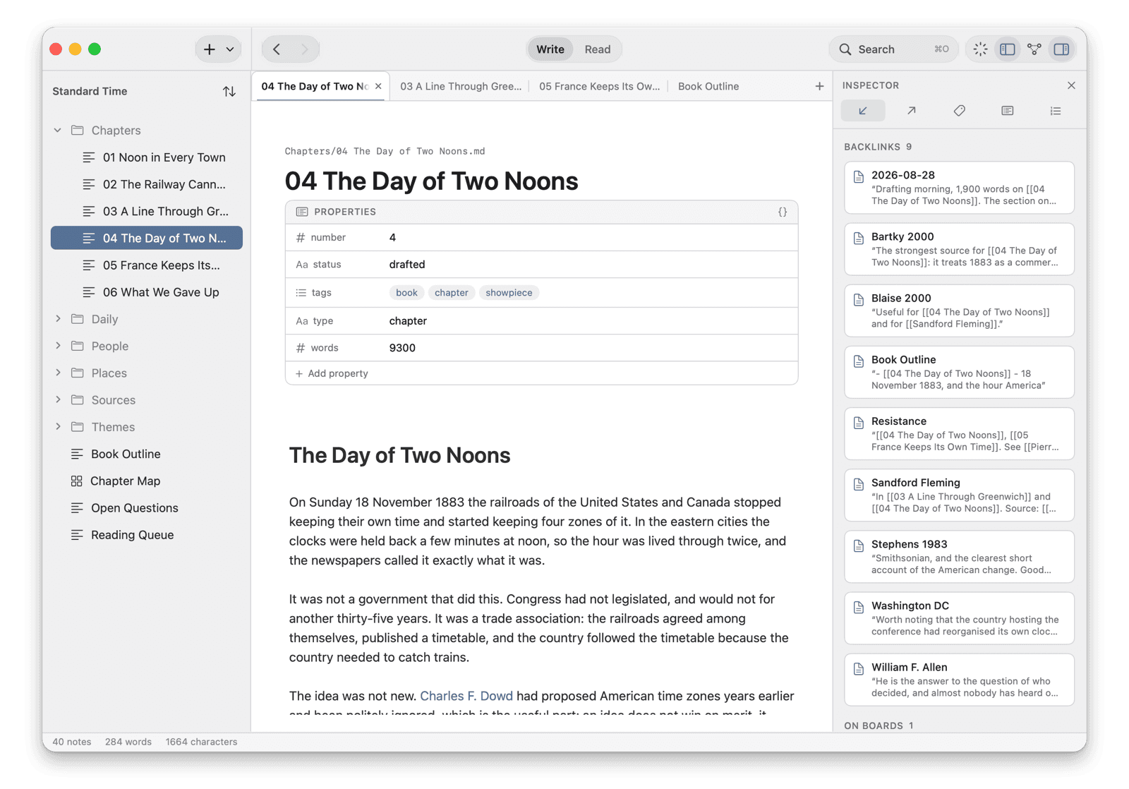 A book chapter open in Skein with four tabs along the top, the active one marked by a single accent line: the vault's folders on the left, the note's properties as a table above the text, and the inspector on the right listing the nine notes that link to this one