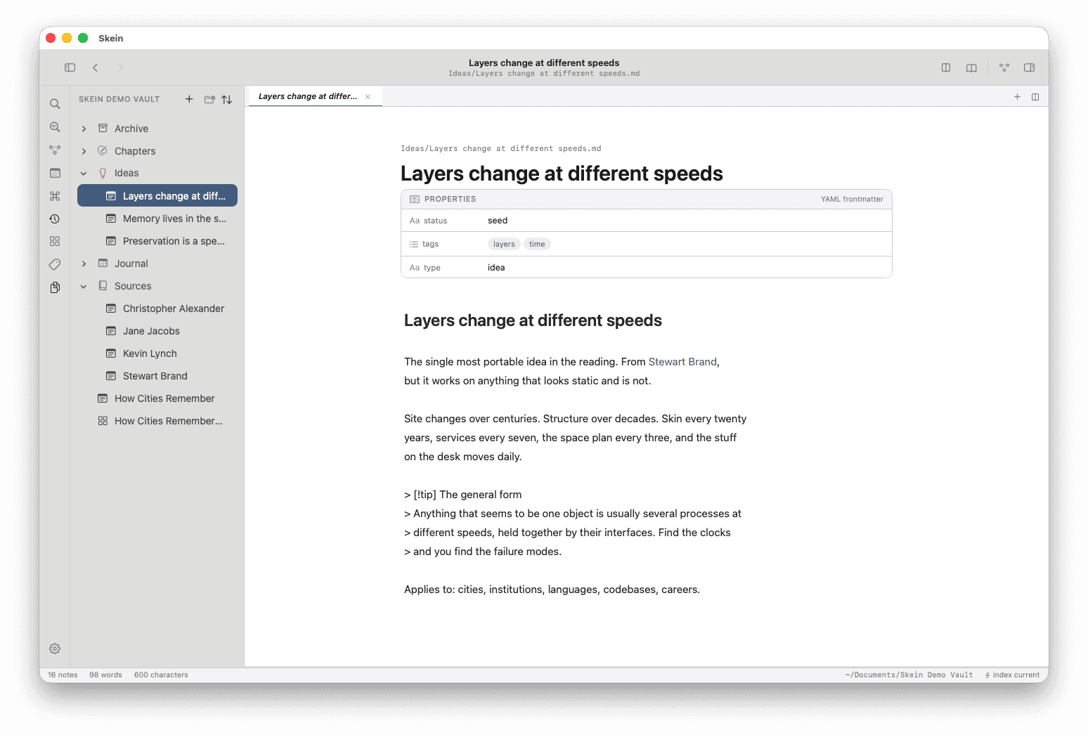 A Markdown note open in Skein, with its YAML properties shown as a table and the vault listed on the left