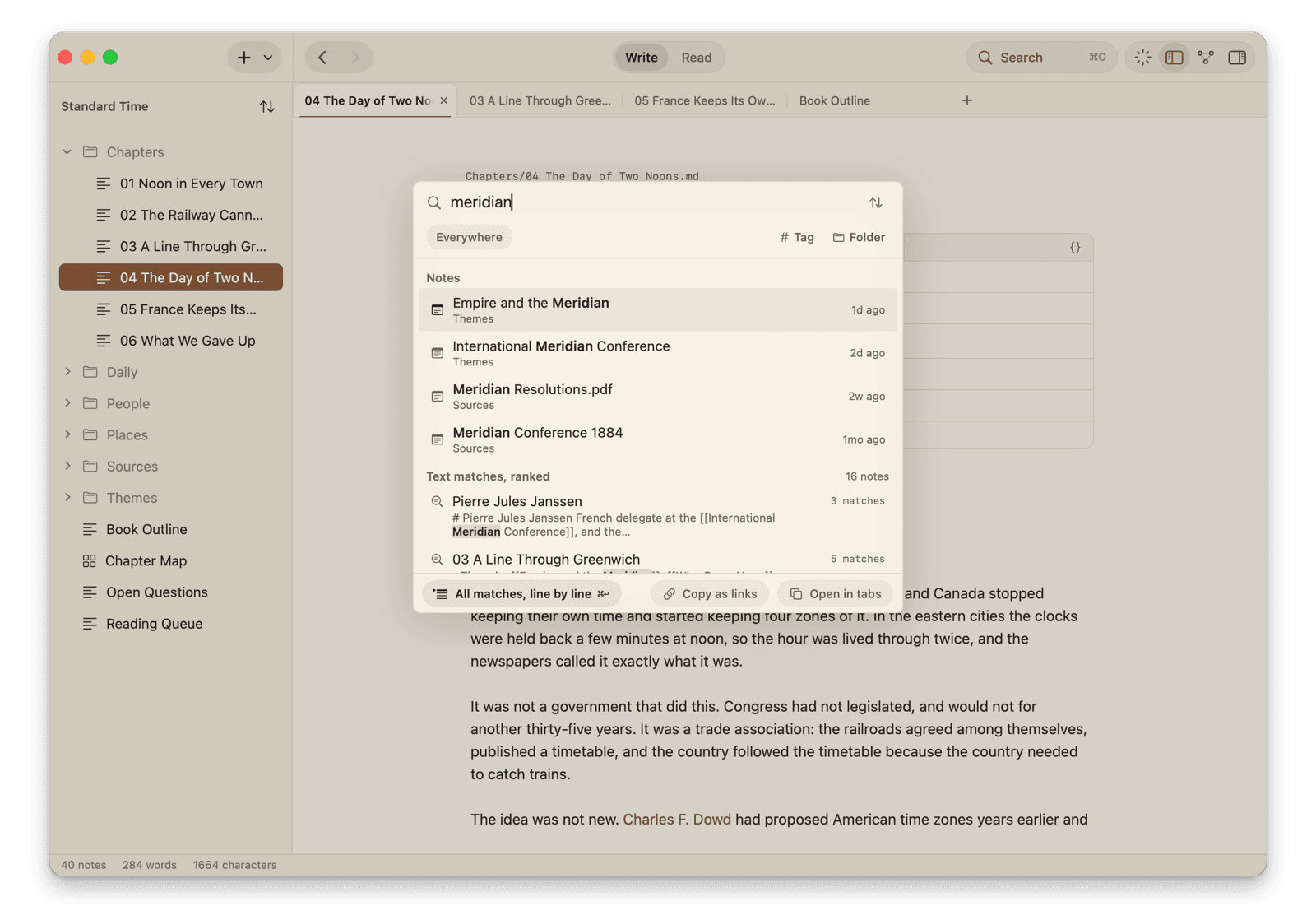 Skein's search open over a note: four notes matched by title, then text matches ranked with a match count for each note, and All matches line by line, Copy as links and Open in tabs along the bottom