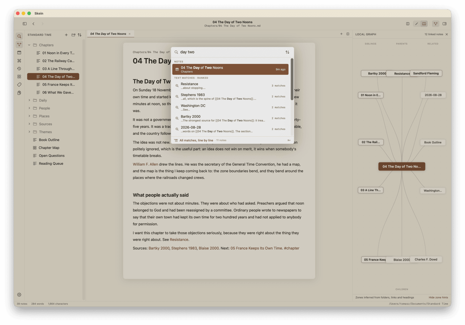 Skein's search open over a note, showing notes matched by title and then text matches ranked by how many times each note contains the phrase