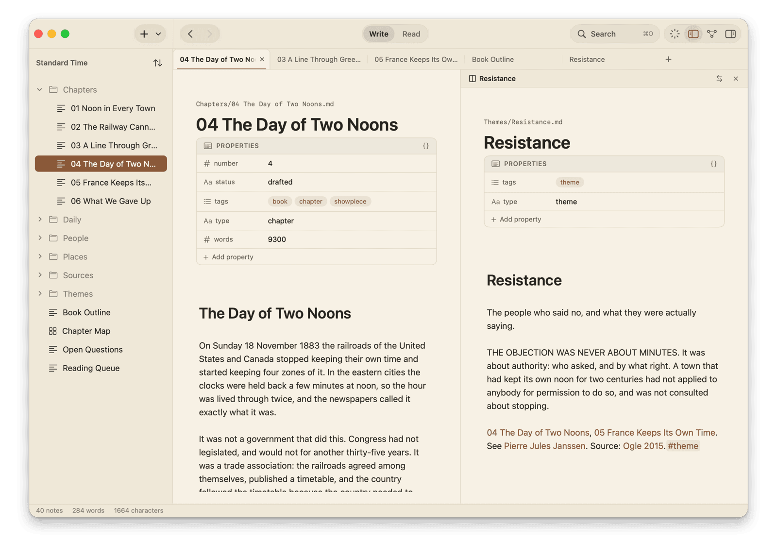 A chapter and one of its themes open side by side in Skein, five tabs of equal width along the top, each pane with its own properties table
