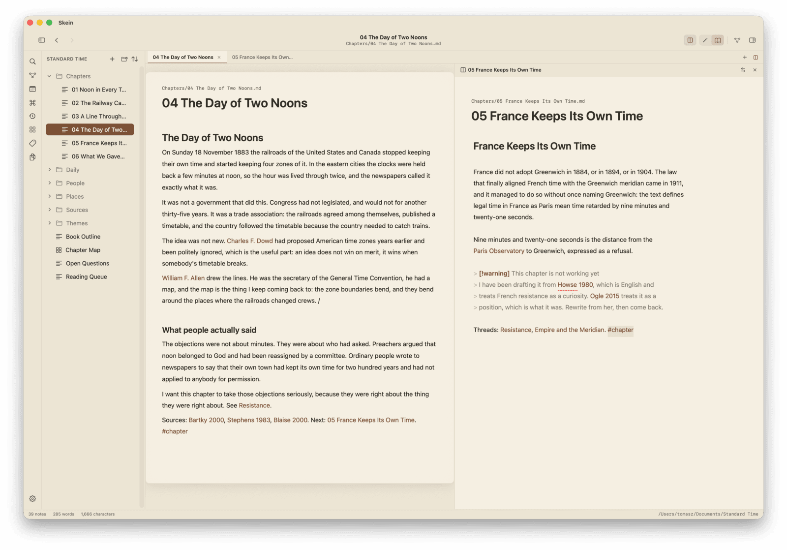 Two chapters of the same book open side by side in Skein, each in its own pane