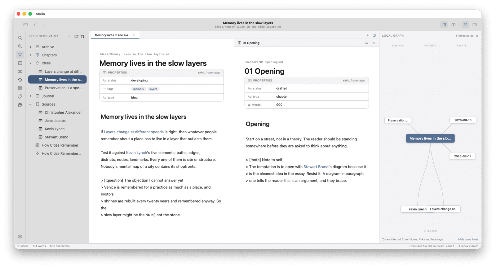 Two notes open side by side in Skein, with the local graph panel showing how they connect