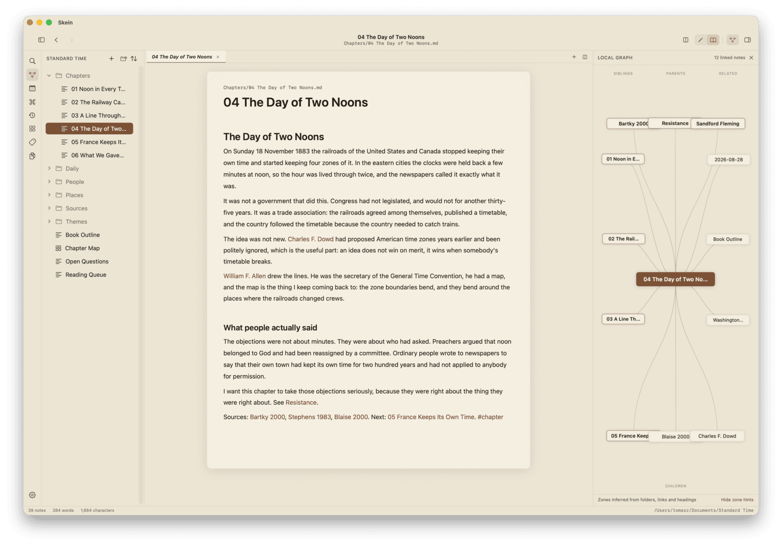 Skein's local graph in the Paper theme, showing backlinks, parents and related notes around the chapter being written