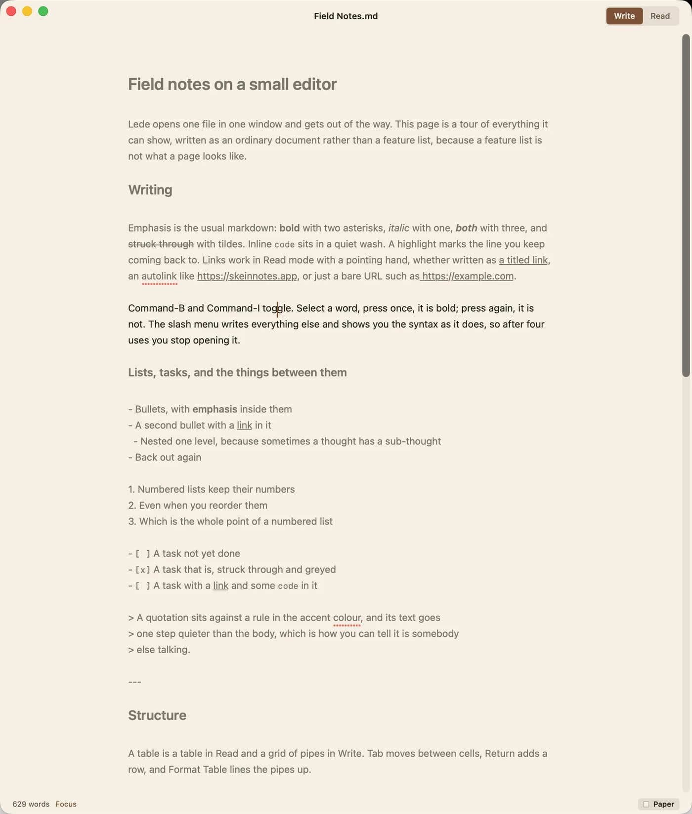 Lede in Focus mode: one paragraph in full ink and every other paragraph dimmed to the page's own grey, with Focus shown in the status bar