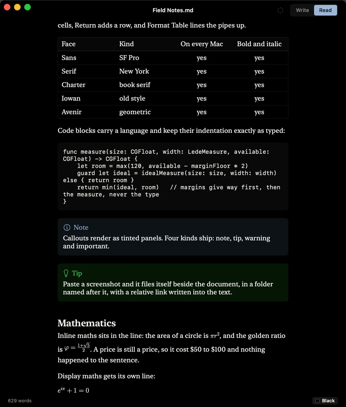Lede in Read mode on the Black page: the same document rendered, with the table ruled, the callouts as tinted panels, an equation set from LaTeX and a completed task struck through