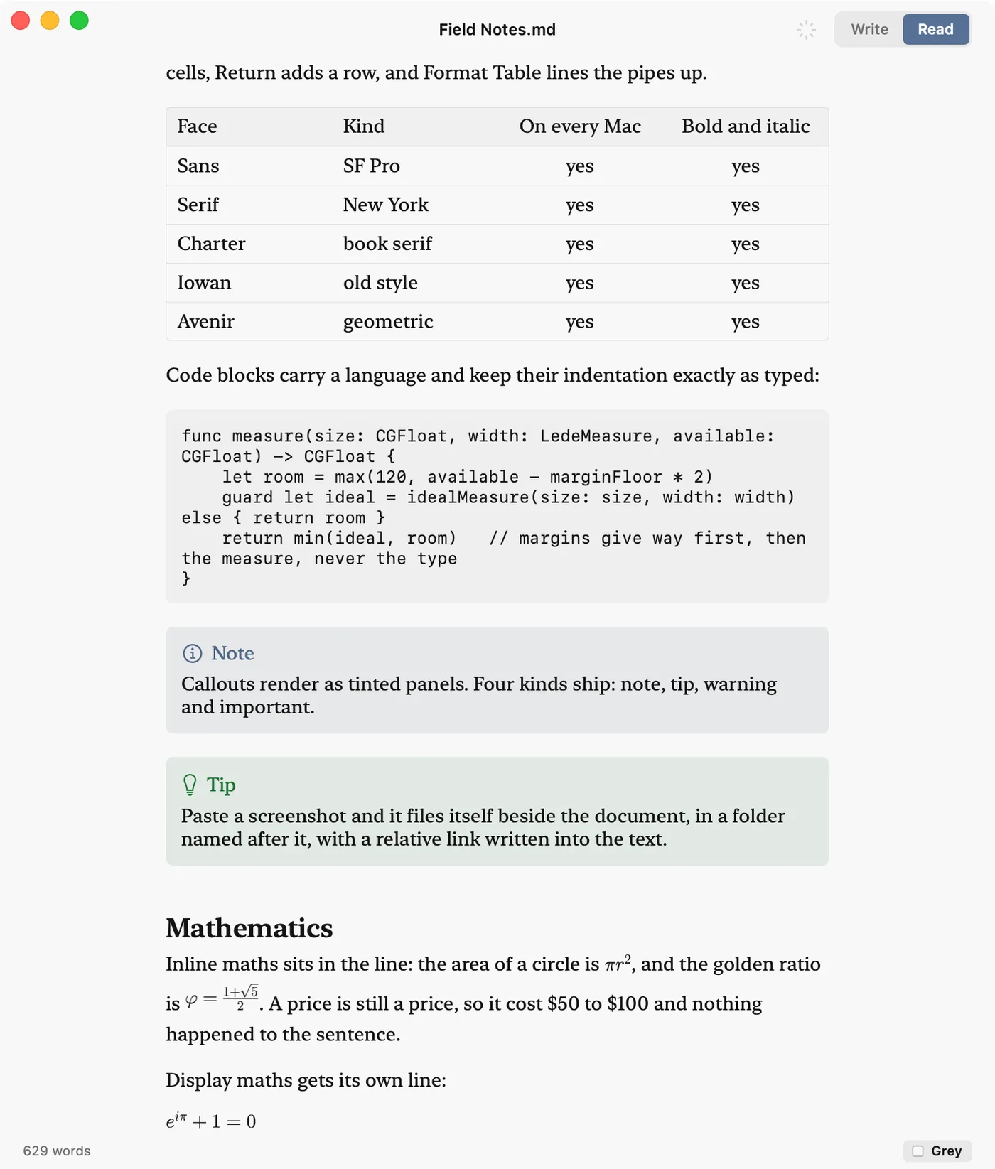 Lede in Read mode on the Grey page: the same document rendered, with the table ruled, the callouts as tinted panels, an equation set from LaTeX and a completed task struck through