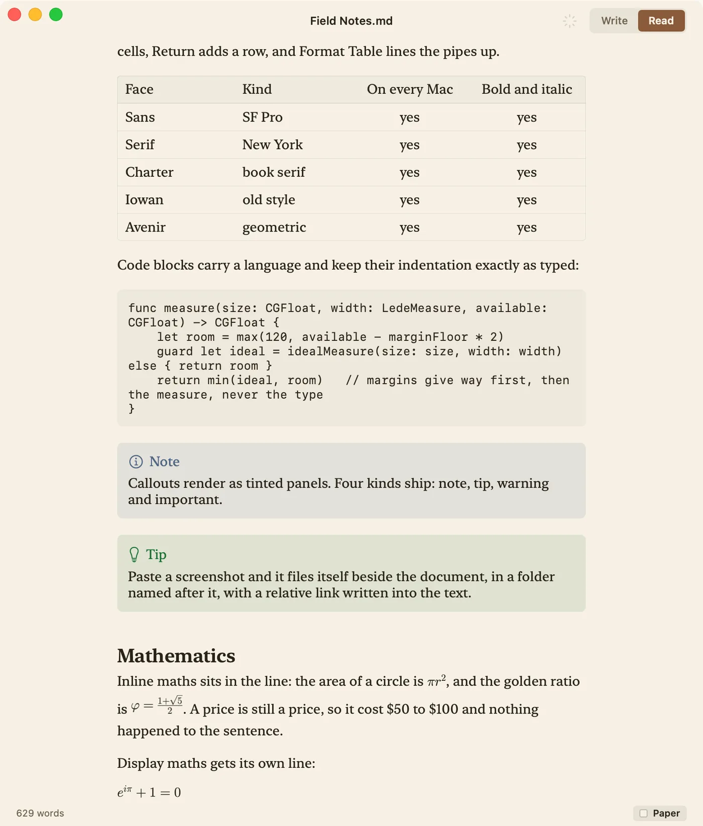 Lede in Read mode: a ruled table of the faces, a Swift code block, a Note and a Tip callout as tinted panels, and inline and display maths