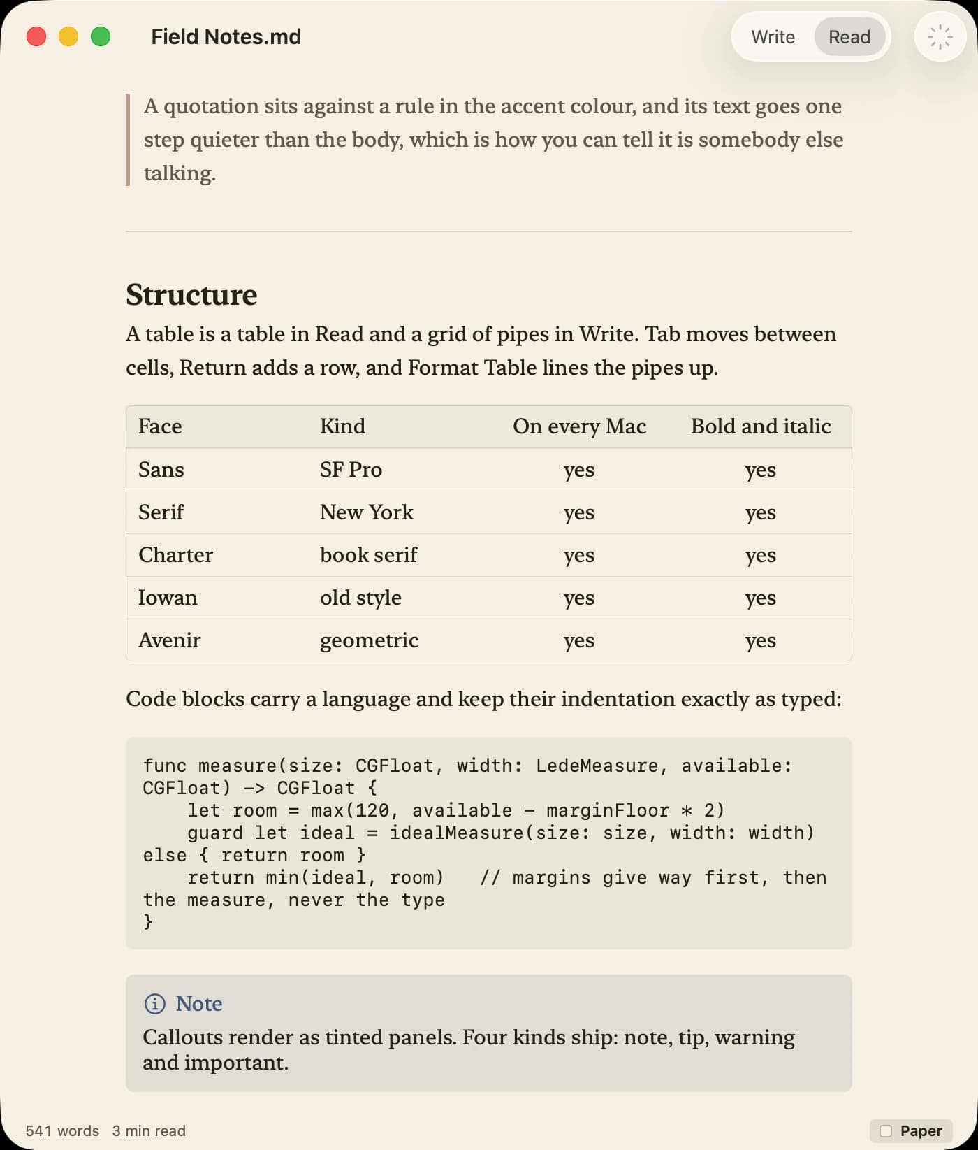 Lede in Read mode: a quotation against a rule, a ruled table of the faces, a Swift code block and a Note callout as a tinted panel