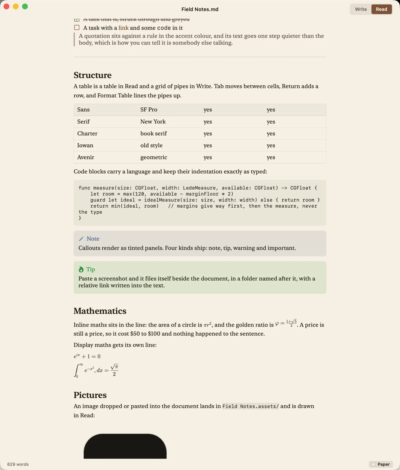 Lede in Read mode: a ruled table of the six faces, a Swift code block with syntax colours, a Note and a Tip callout as tinted panels, and inline and display maths
