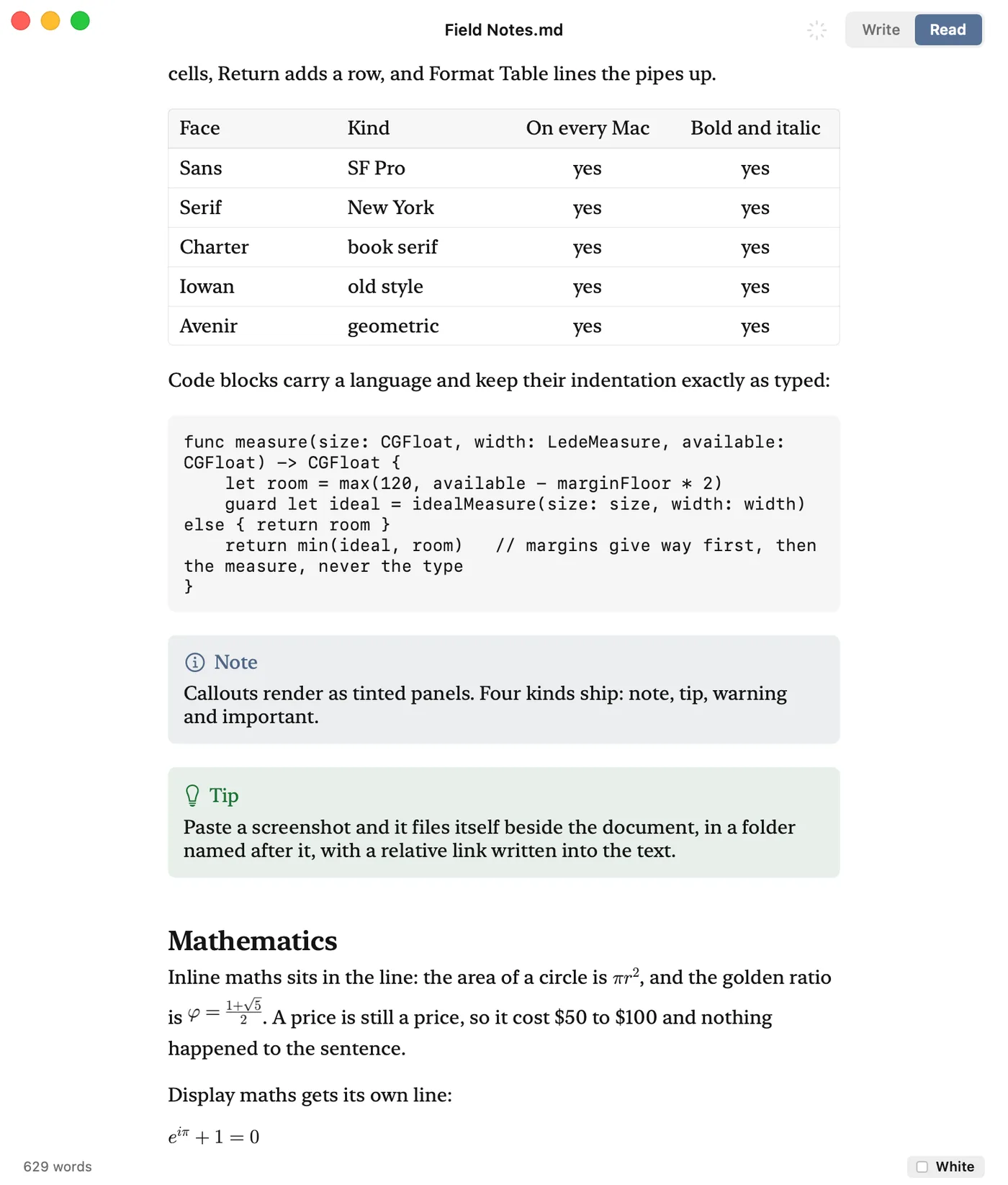 Lede in Read mode on the White page: the same document rendered, with the table ruled, the callouts as tinted panels, an equation set from LaTeX and a completed task struck through