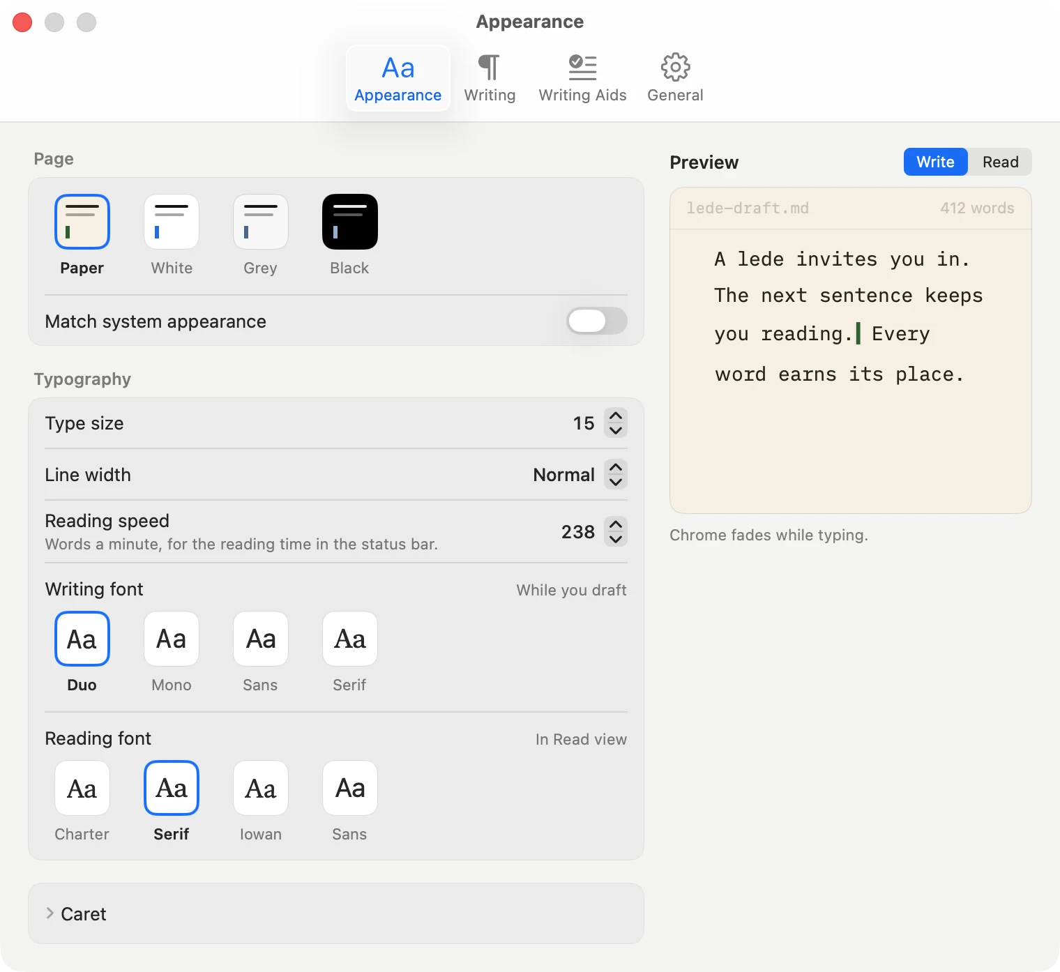 The Lede Settings window on its Appearance tab: four page colours as small pictures in a grouped box, Type size, Line width and Reading speed steppers, Writing font and Reading font tiles, a folded Caret section, and a live preview of the page on the right