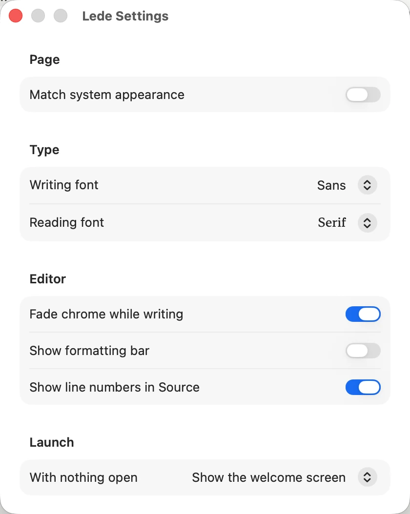 The Lede Settings window: Match system appearance, Writing font and Reading font pickers, three switches for the chrome, the formatting bar and line numbers, and what an empty launch does