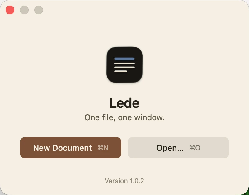 Lede's welcome screen on the Paper page on first launch: the app icon, a New Document button and an Open button, and the version underneath