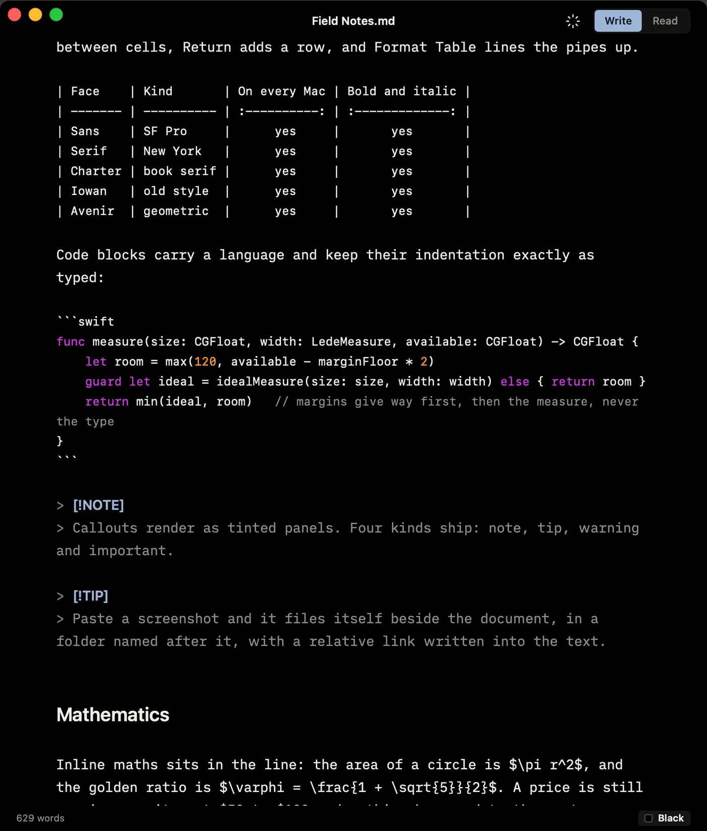 Lede in Write mode on the Black page: a table as a grid of pipes, a Swift code block with its tokens coloured, two callouts as their source, and the Markdown markers shown while the headings are already sized