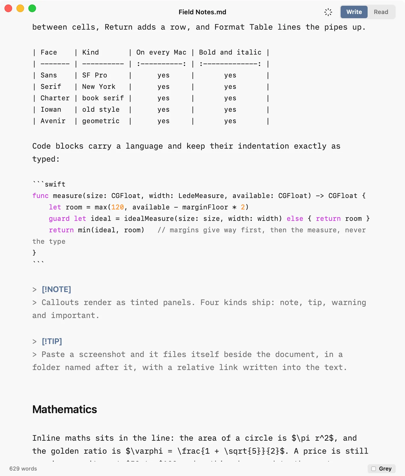Lede in Write mode on the Grey page: a table as a grid of pipes, a Swift code block with its tokens coloured, two callouts as their source, and the Markdown markers shown while the headings are already sized
