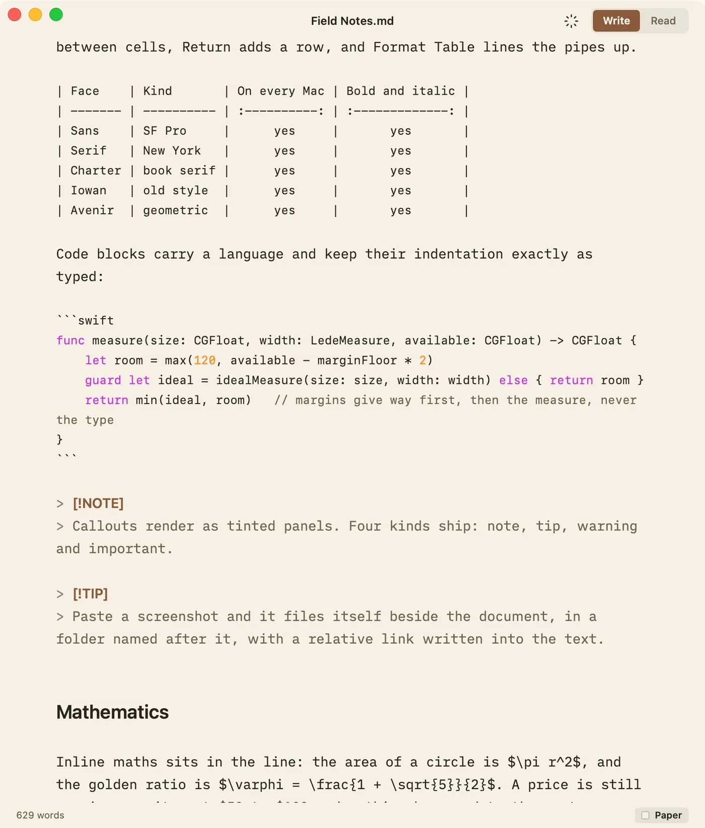 Lede in Write mode on the Paper page: a table as a grid of pipes, a Swift code block with its tokens coloured, two callouts as their source, and the Markdown markers shown while the headings are already sized