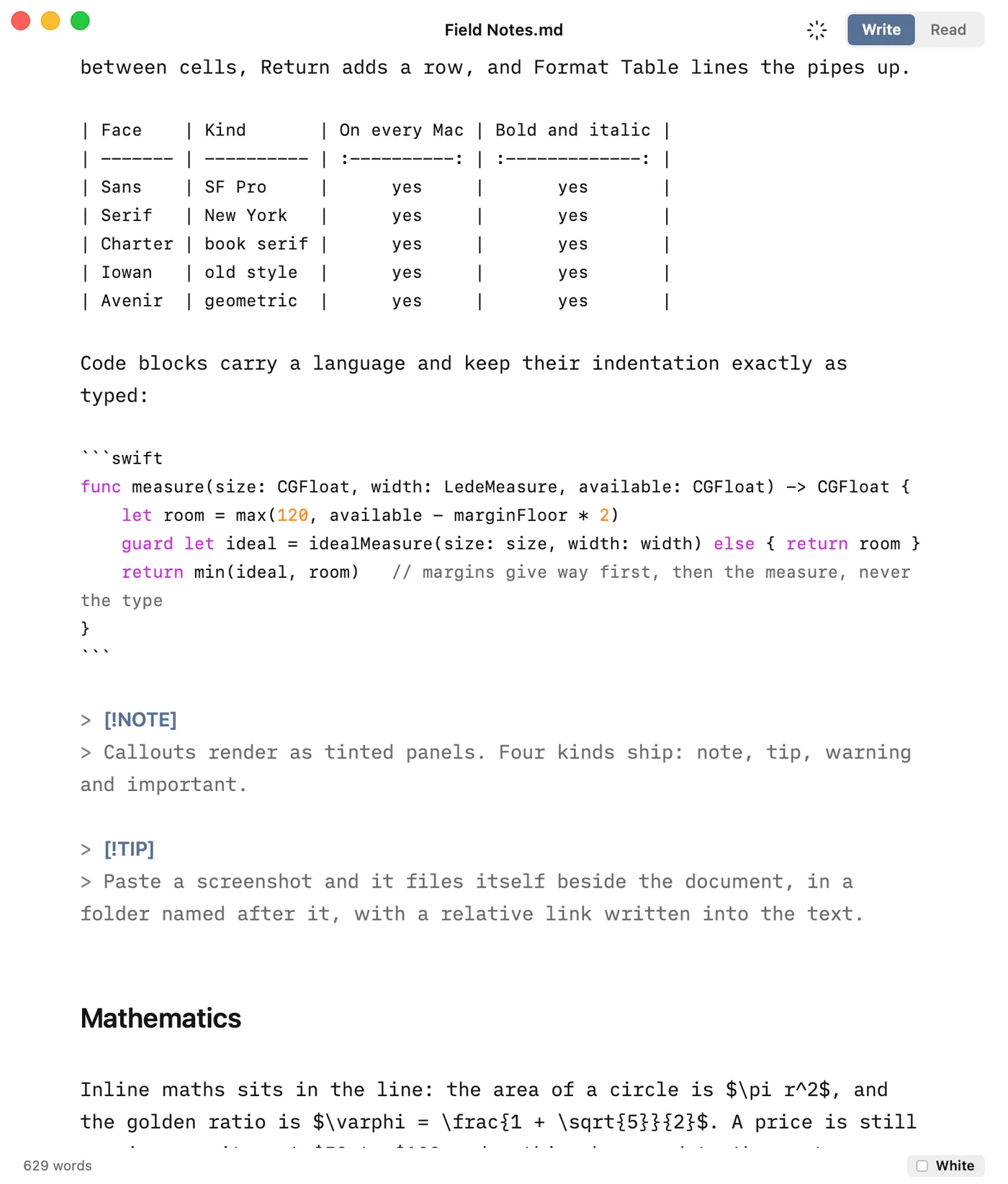 Lede in Write mode on the White page: a table as a grid of pipes, a Swift code block with its tokens coloured, two callouts as their source, and the Markdown markers shown while the headings are already sized