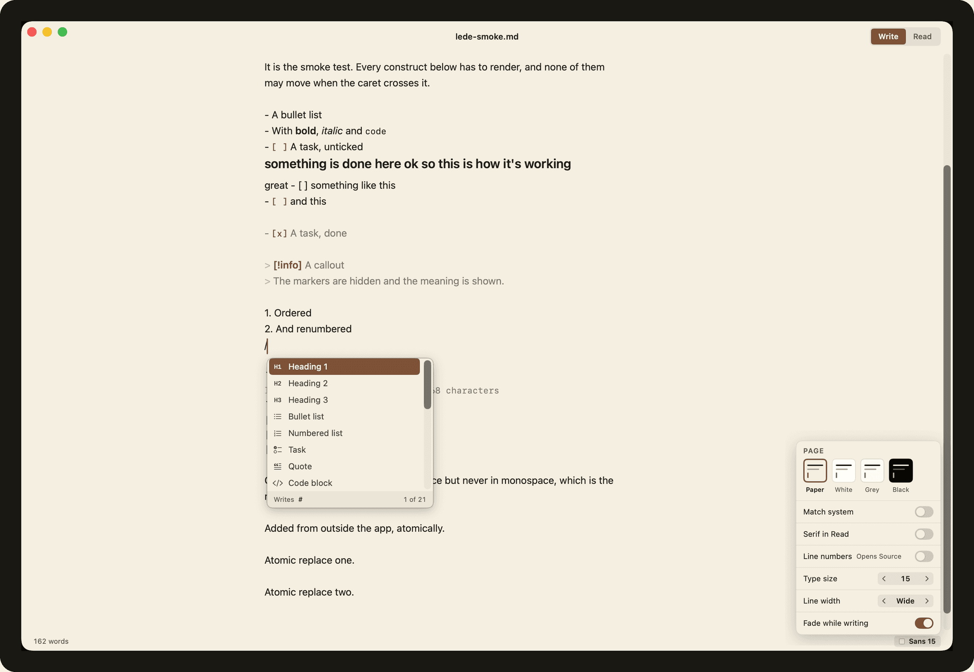 Lede editing a Markdown file on the warm Paper page, with the slash menu open showing Heading 1 through Code block, and the page panel open showing the four page colours, type size and line width