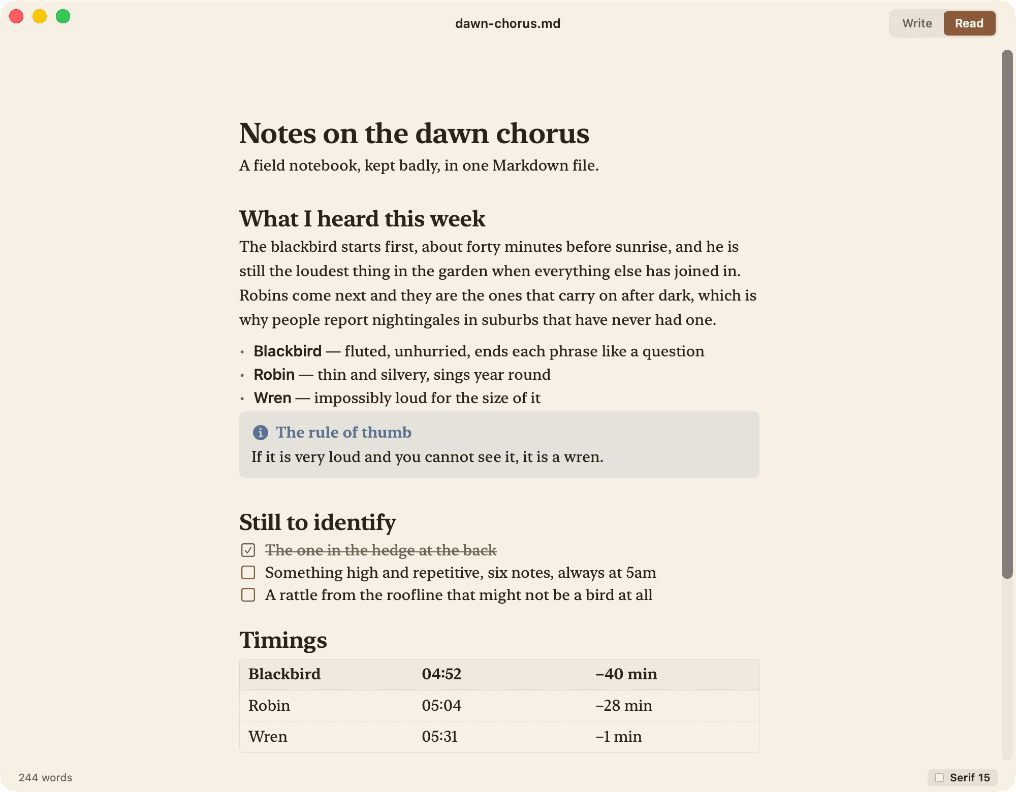 Lede in Read mode: the callout rendered as a tinted panel, the task list with checkboxes, and a table with ruled rows
