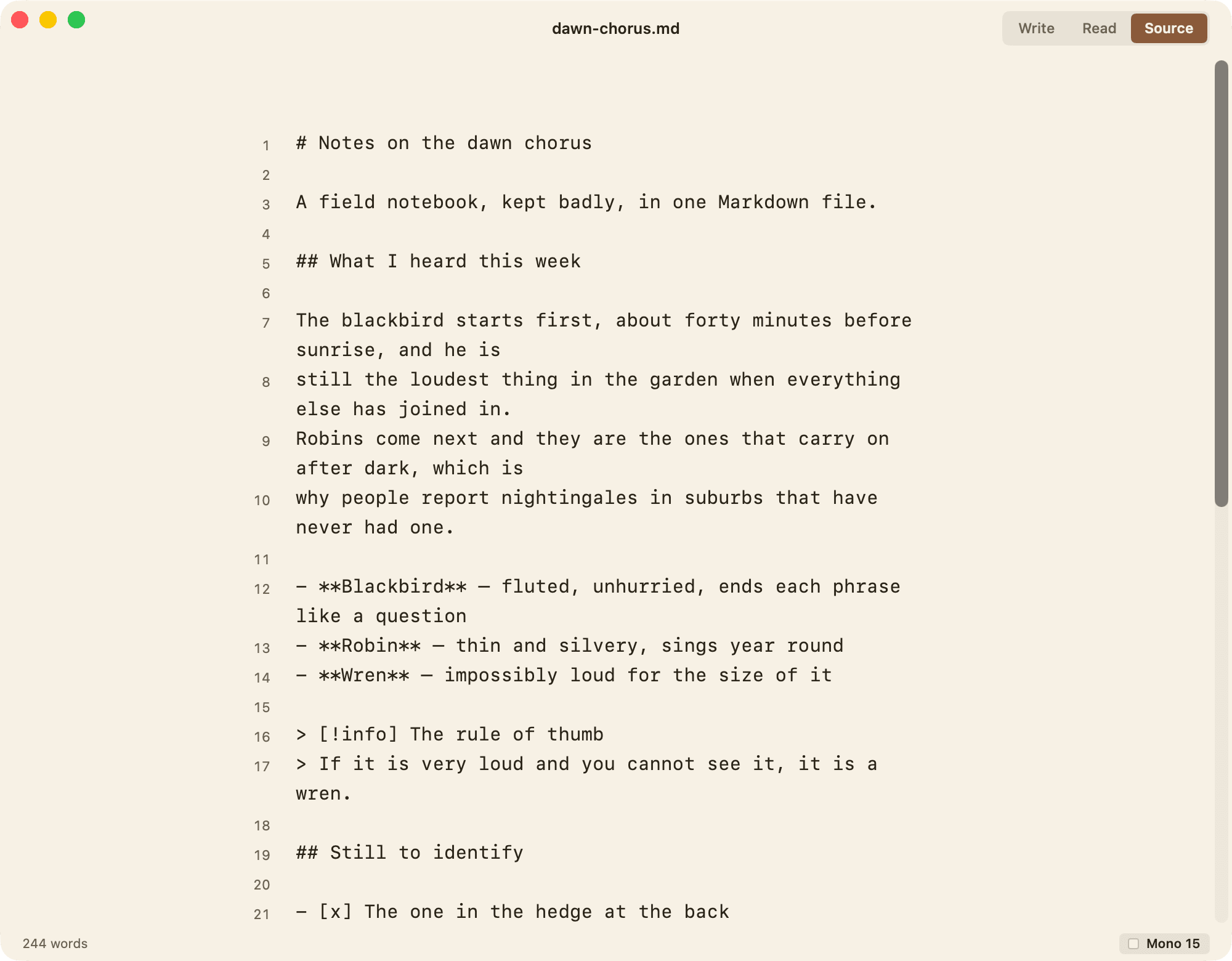 Lede in Source mode: the raw Markdown in a monospaced face with line numbers in the margin