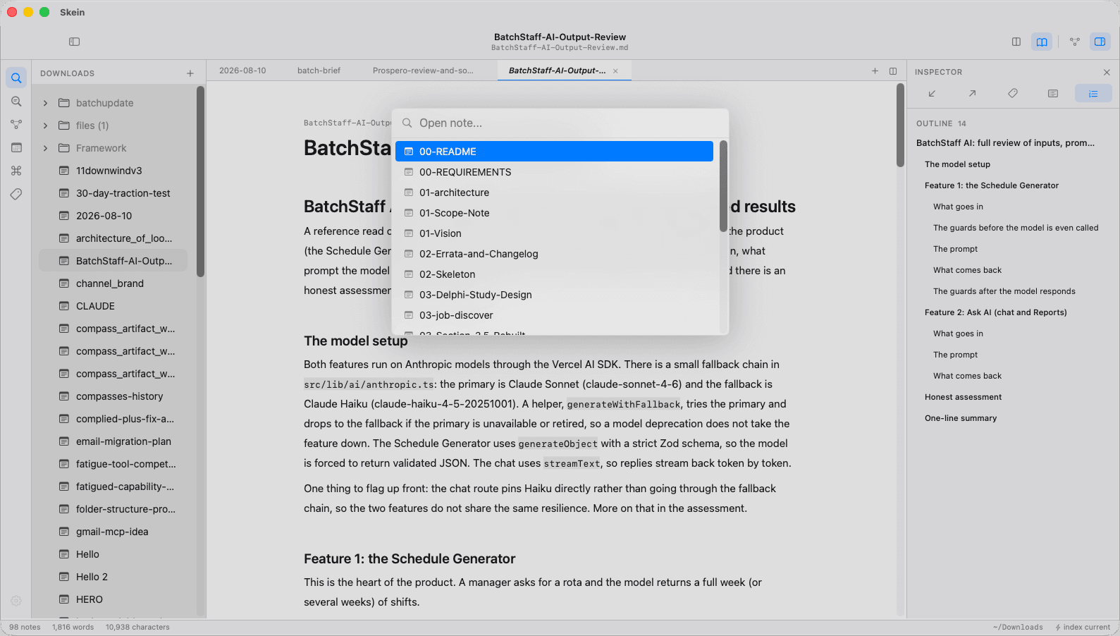 Skein's quick switcher open over a note, listing every note in the vault