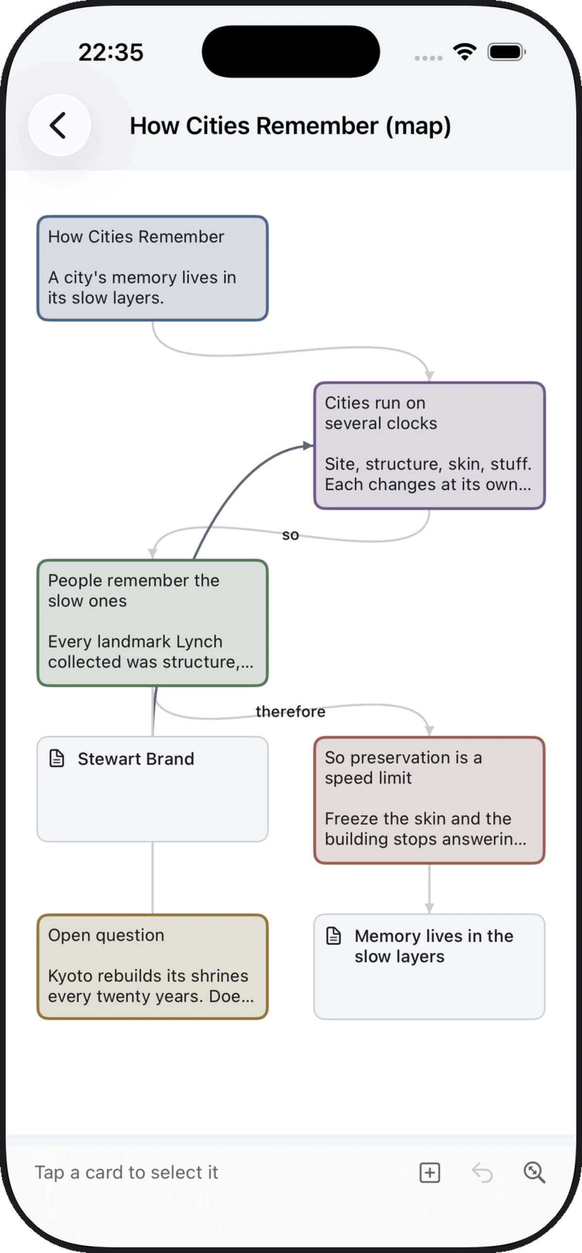 A JSON Canvas board open in Skein for iPhone, with connected cards and labelled arrows between them.