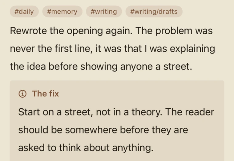 A note in reading mode: a row of tag pills reading #daily, #memory, #writing and #writing/drafts, a paragraph of prose, and a rendered callout box headed 'The fix'.