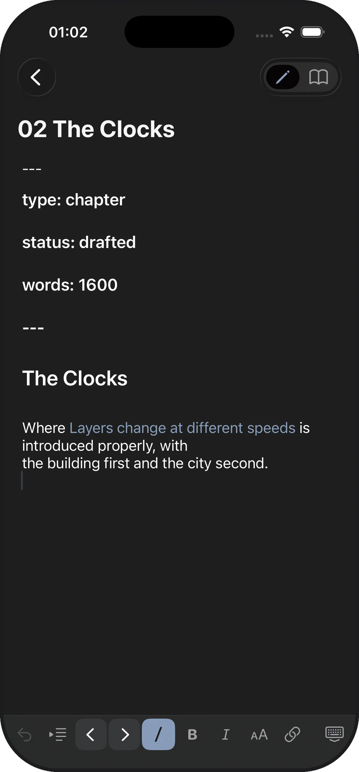 A note open for editing in Skein for iPhone in the dark appearance, with a bar of formatting and caret controls along the bottom of the screen.