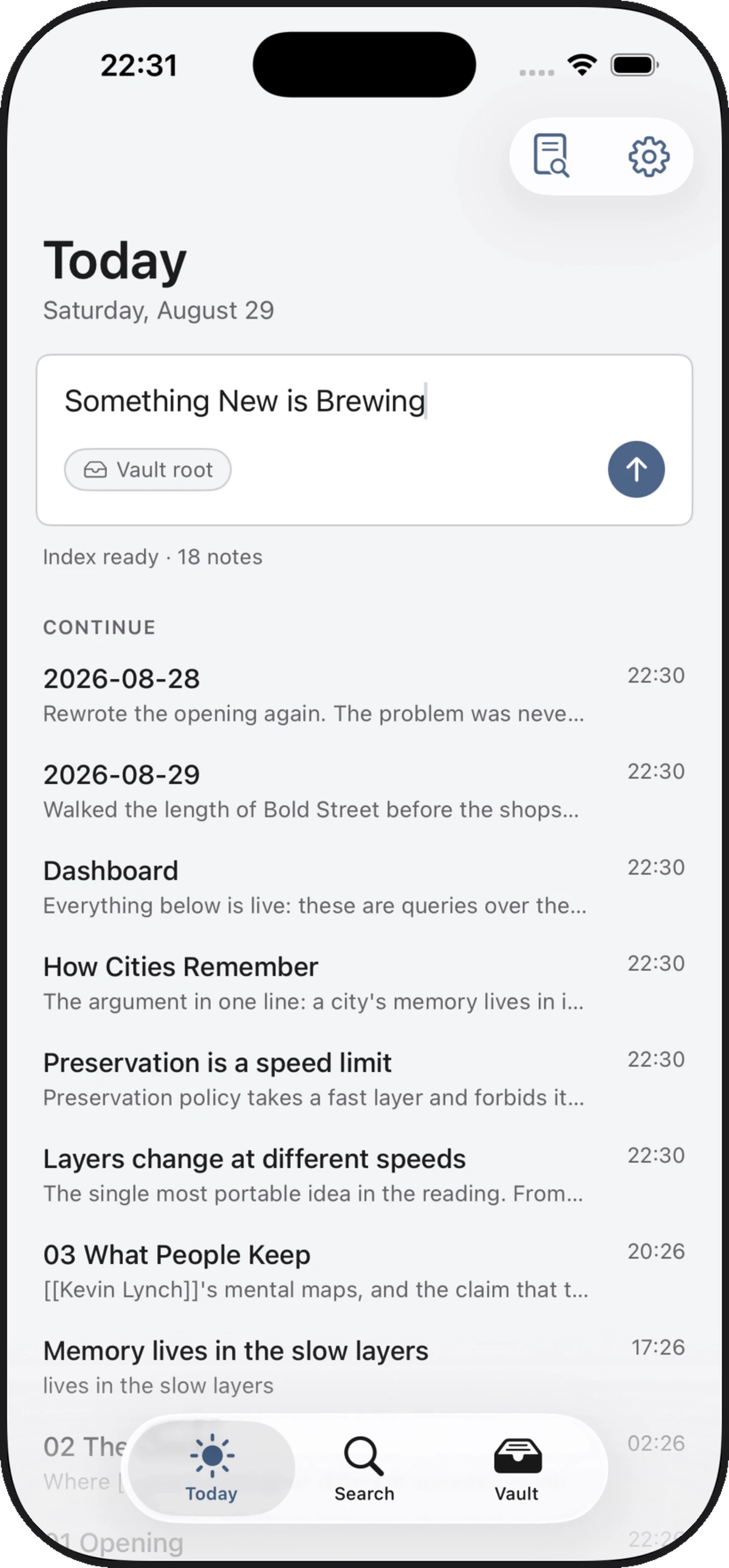 Skein for iPhone showing the Today screen: a capture field at the top and a list of recently edited notes below it, each with the time it was last changed.
